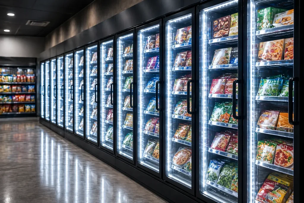 Convenience store freezer section with glass door freezers illuminated by bright LED lighting showcasing frozen food products