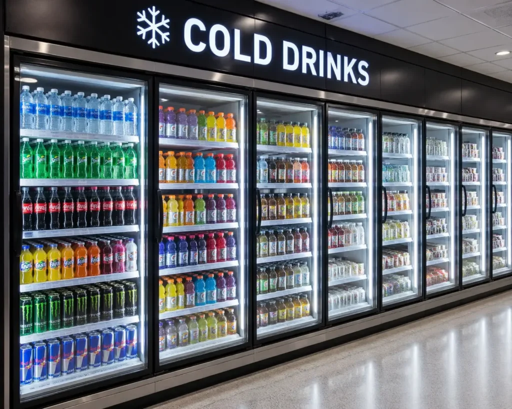 Modern supermarket refrigeration aisle with glass door merchandisers, bright LED-lit cooler doors, and neatly organized beverages for clear product visibility