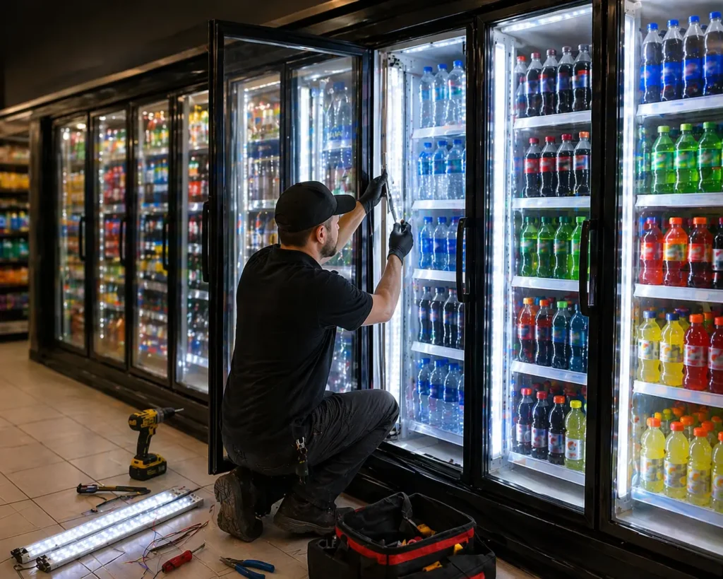 Technician installing LED lighting retrofit inside glass door commercial cooler with illuminated refrigerated display in progress
