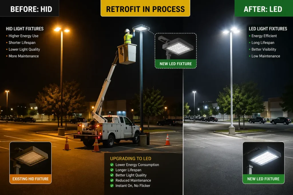 Technician in a bucket truck replacing HID parking lot light with LED fixture at night, showing before (orange HID), retrofit in progress, and after (bright white LED) comparison.