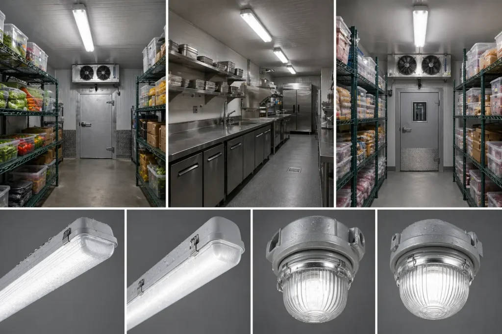 Vapor tight LED linear and jelly jar lights installed in refrigerated storage, walk-in cooler, and foodservice back-of-house operations with moisture and condensation protection
