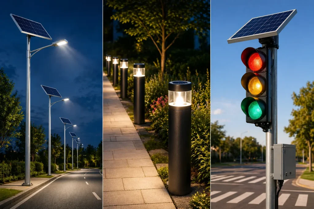 solar street lights, solar bollard pathway lighting, and solar-powered traffic lights in outdoor urban environments